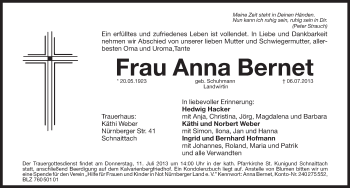 Traueranzeige von Anna Bernet von Pegnitz-Zeitung